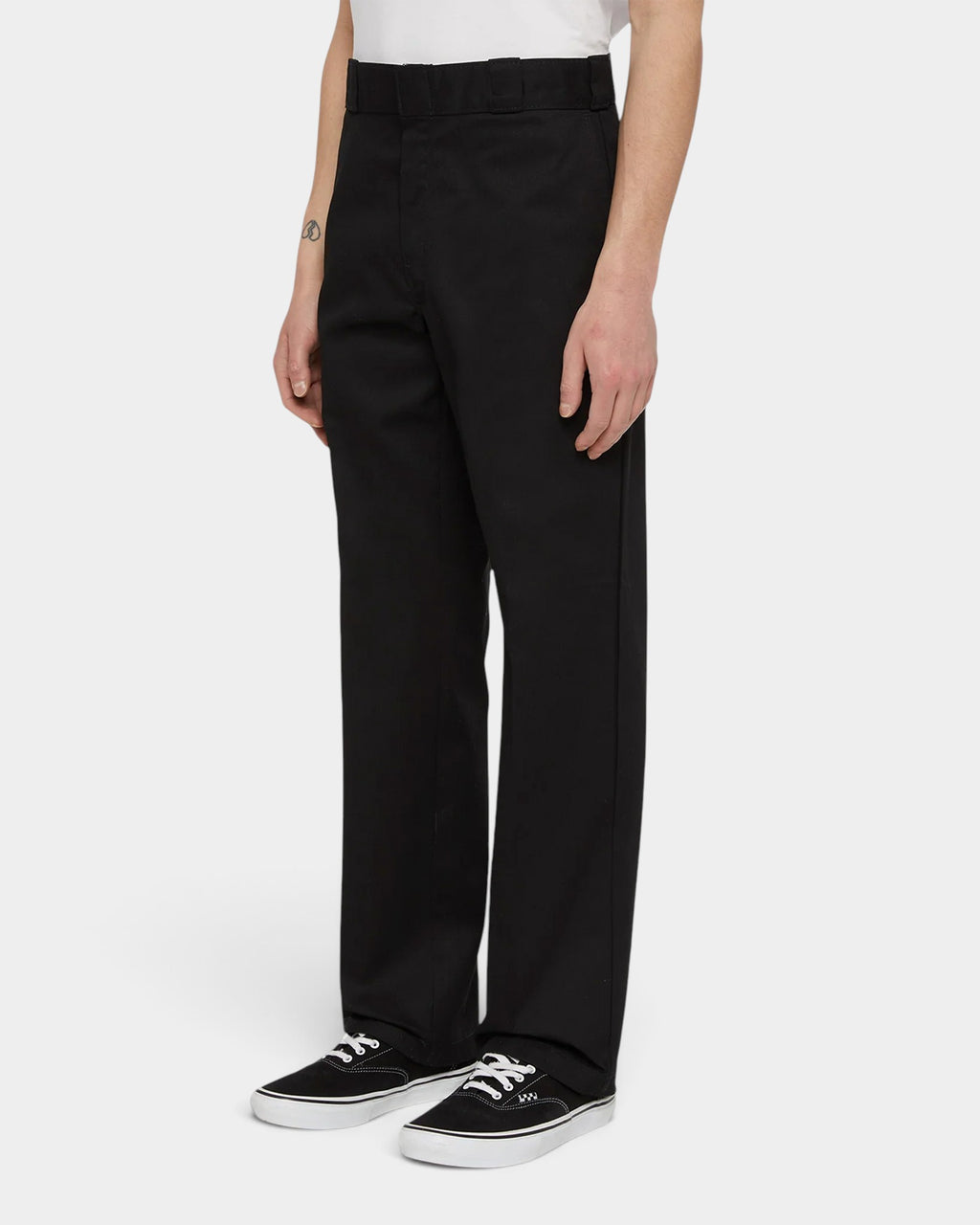 Lockwood Avenue Dickies 874 recycled black work pants with a straight leg fit and center crease on a male model