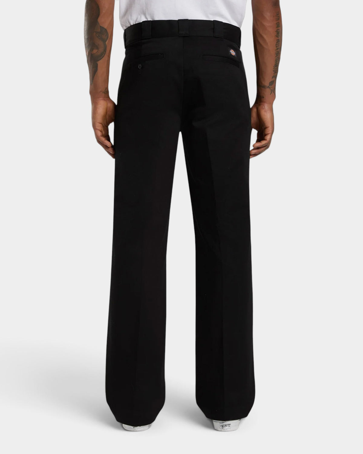 Back view of Lockwood Avenue Dickies 247 regular black cotton twill work pants with welt pockets and straight fit
