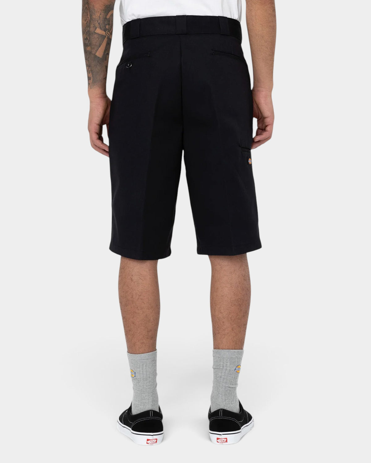 Lockwood Avenue Dickies 247 GD black poly-cotton work shorts with a loose fit and back welt pockets, back view.
