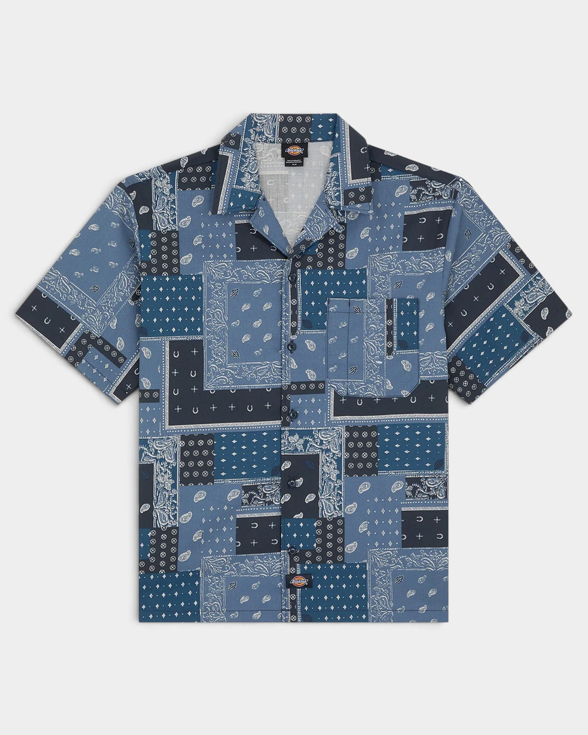Lockwood Avenue Dickies Glandorf short-sleeve shirt in blue with an all-over bandana print and open revere collar.