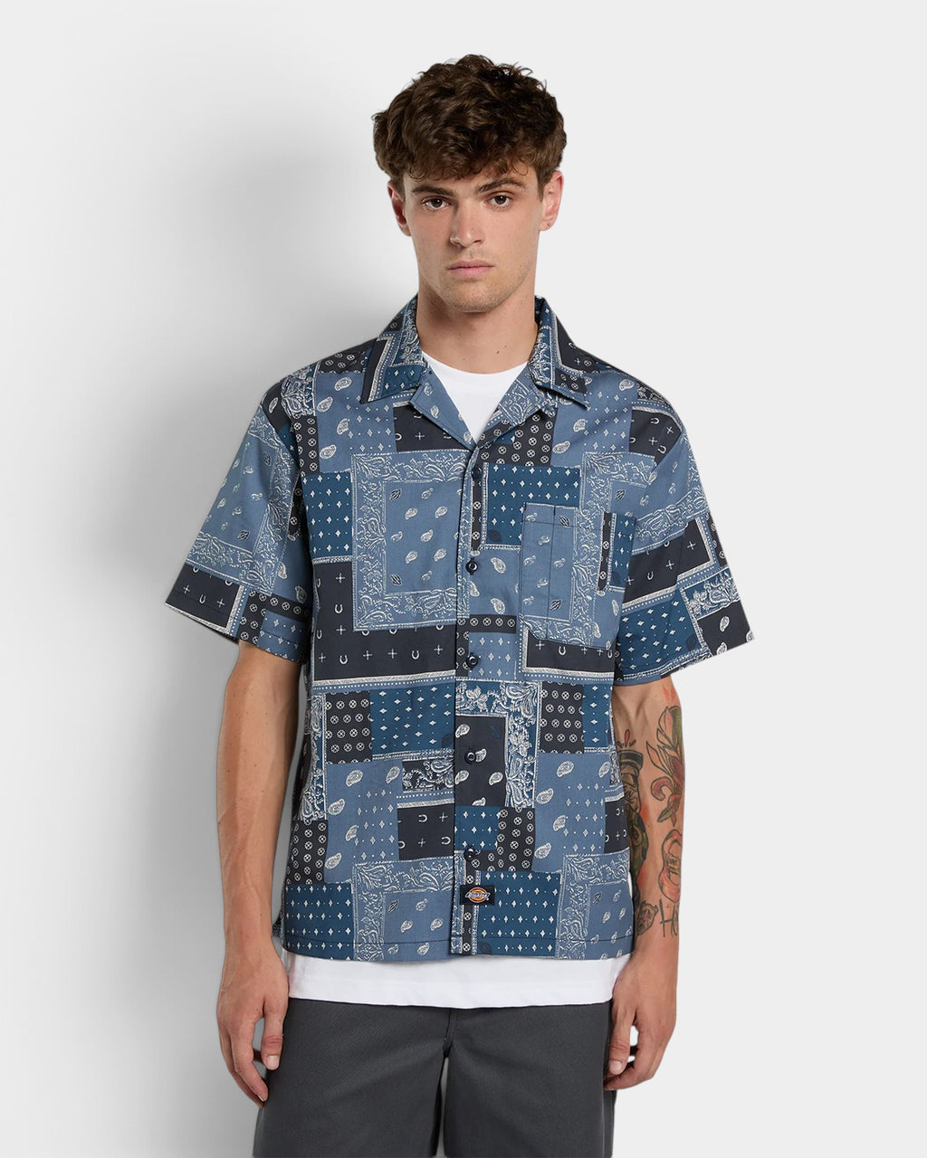 Lockwood Avenue Dickies Glandorf short-sleeve shirt in blue bandana print with a revere collar on a male model