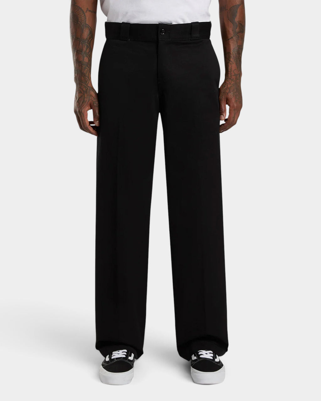Lockwood Avenue Dickies 247 loose fit black cotton twill work pants with front crease on a model
