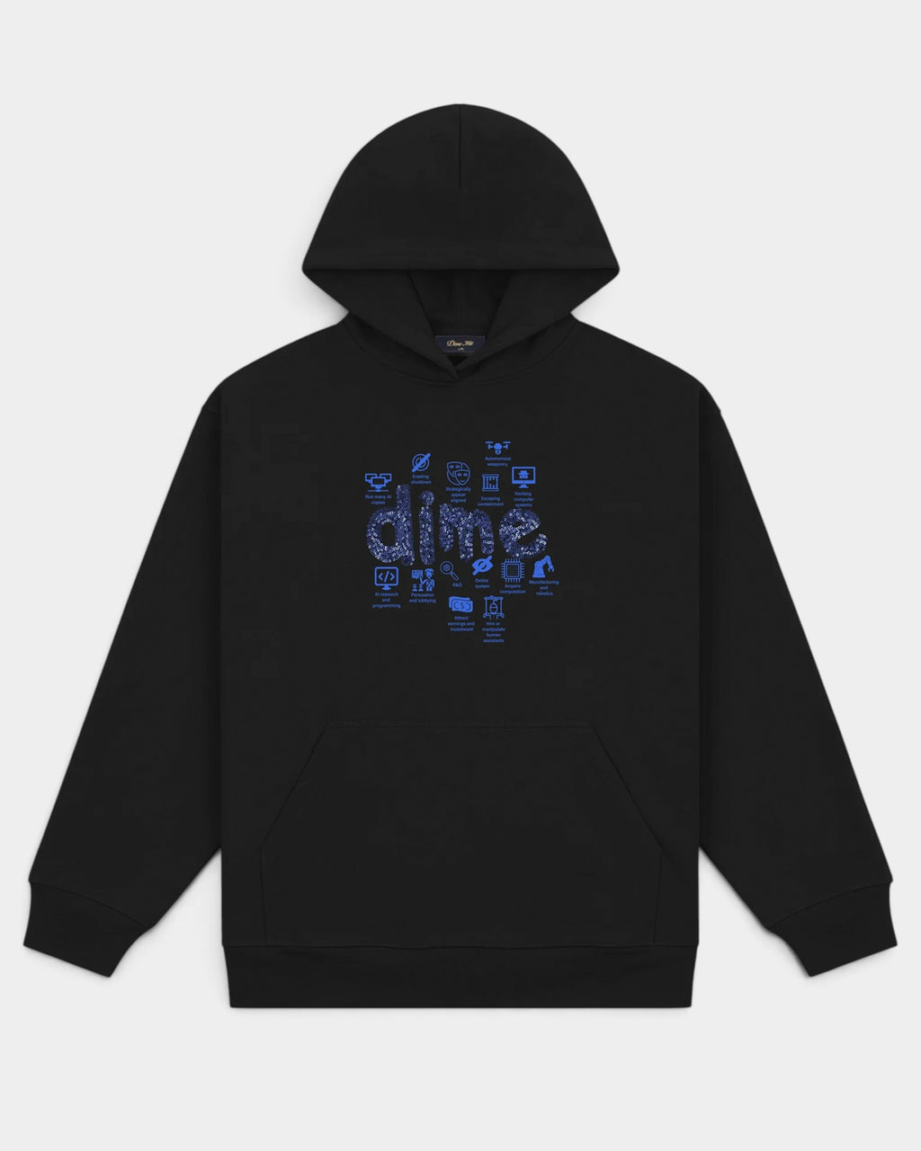 Lockwood Avenue Dime Agi black heavyweight cotton hoodie with sequin logo and blue AI icon graphic on chest