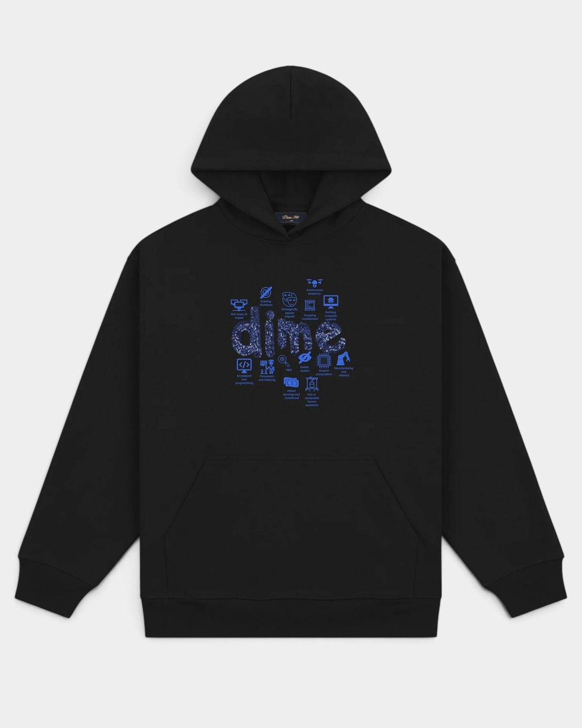 Lockwood Avenue Dime Agi black heavyweight cotton hoodie with sequin logo and blue AI icon graphic on chest
