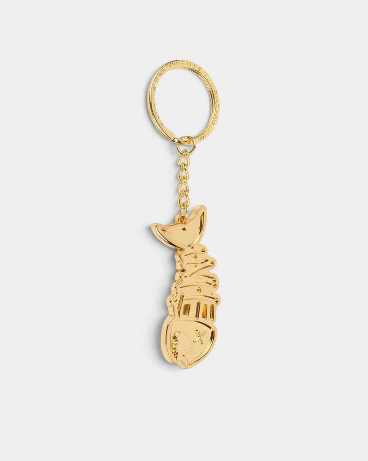 Lockwood Avenue Dime Bones keychain in gold-finished zinc alloy featuring a fish bone design with Dime branding.