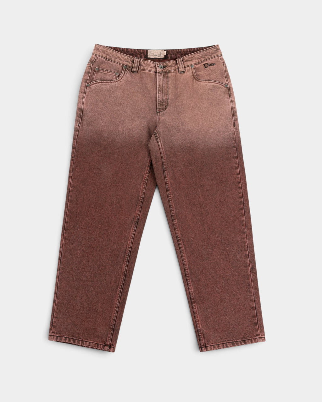 Lockwood Avenue Dime relaxed burgundy denim pants with a sandblasted finish and western-style pockets