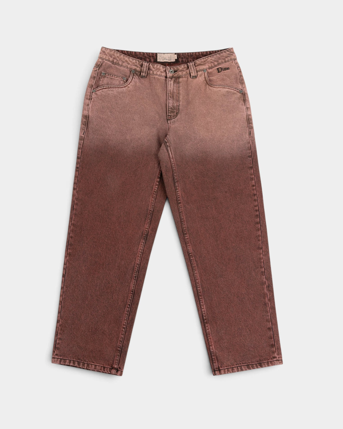 Lockwood Avenue Dime relaxed burgundy denim pants with a sandblasted finish and western-style pockets