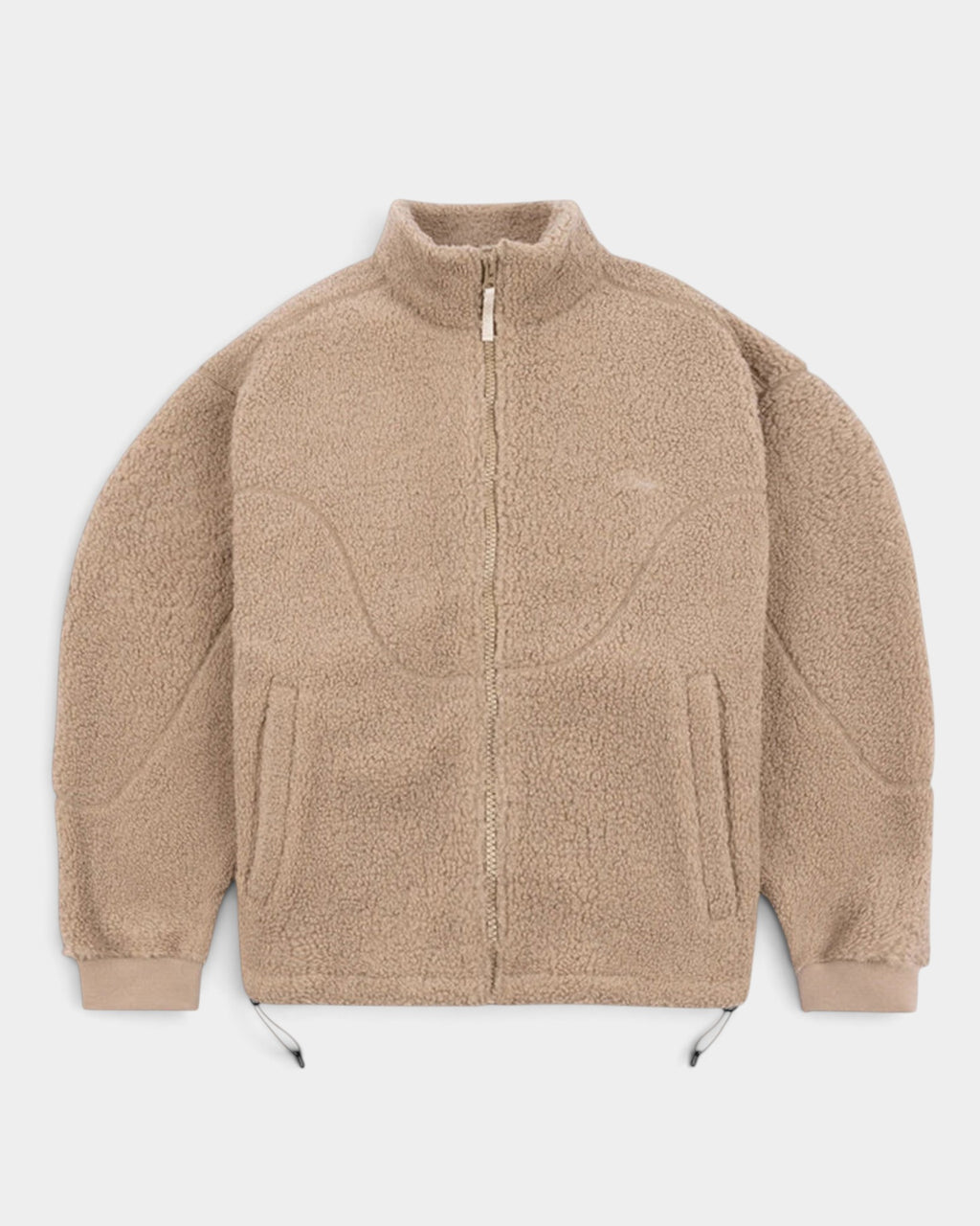 Lockwood Avenue Dime polar fleece sherpa zip jacket in latte beige with tonal cursive logo and stand collar.