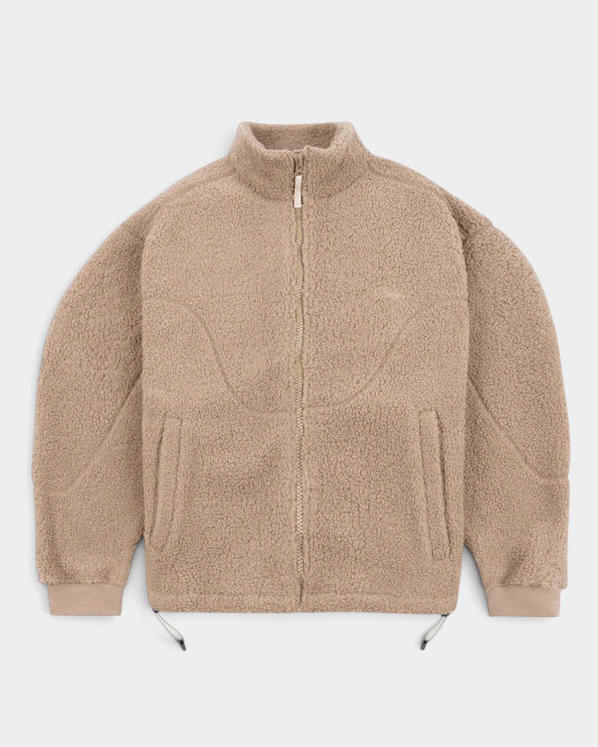 Lockwood Avenue Dime polar fleece sherpa zip jacket in latte beige with tonal cursive logo and stand collar.