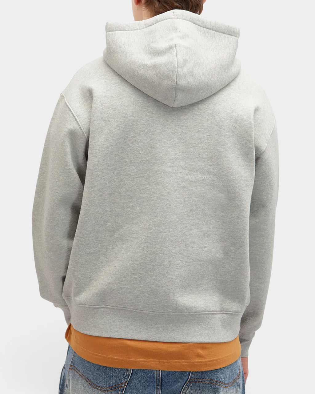 Lockwood Avenue heather gray Dime zip hoodie worn by a model, showing the back view with a hood and ribbed hem.