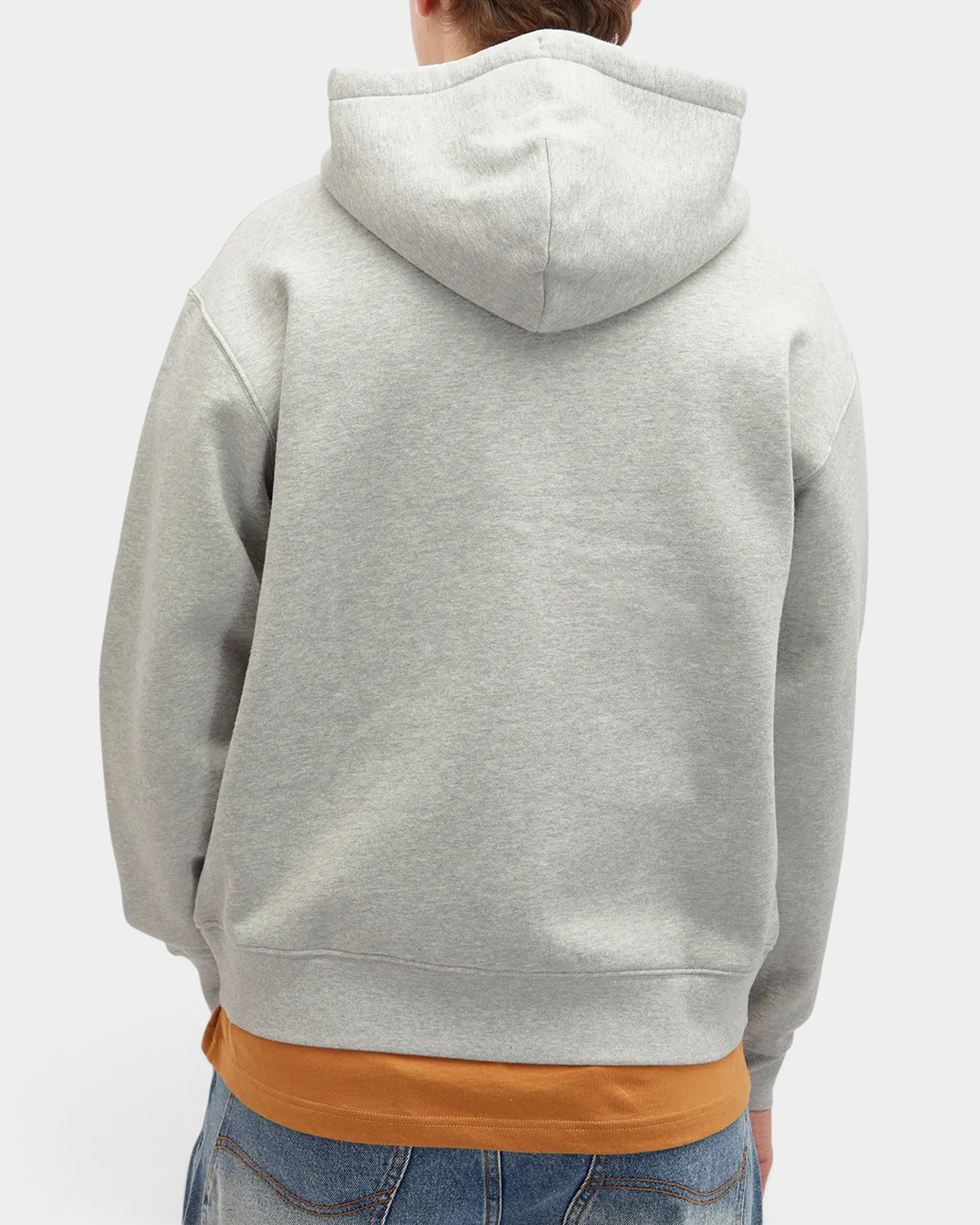 Lockwood Avenue heather gray Dime zip hoodie worn by a model, showing the back view with a hood and ribbed hem.