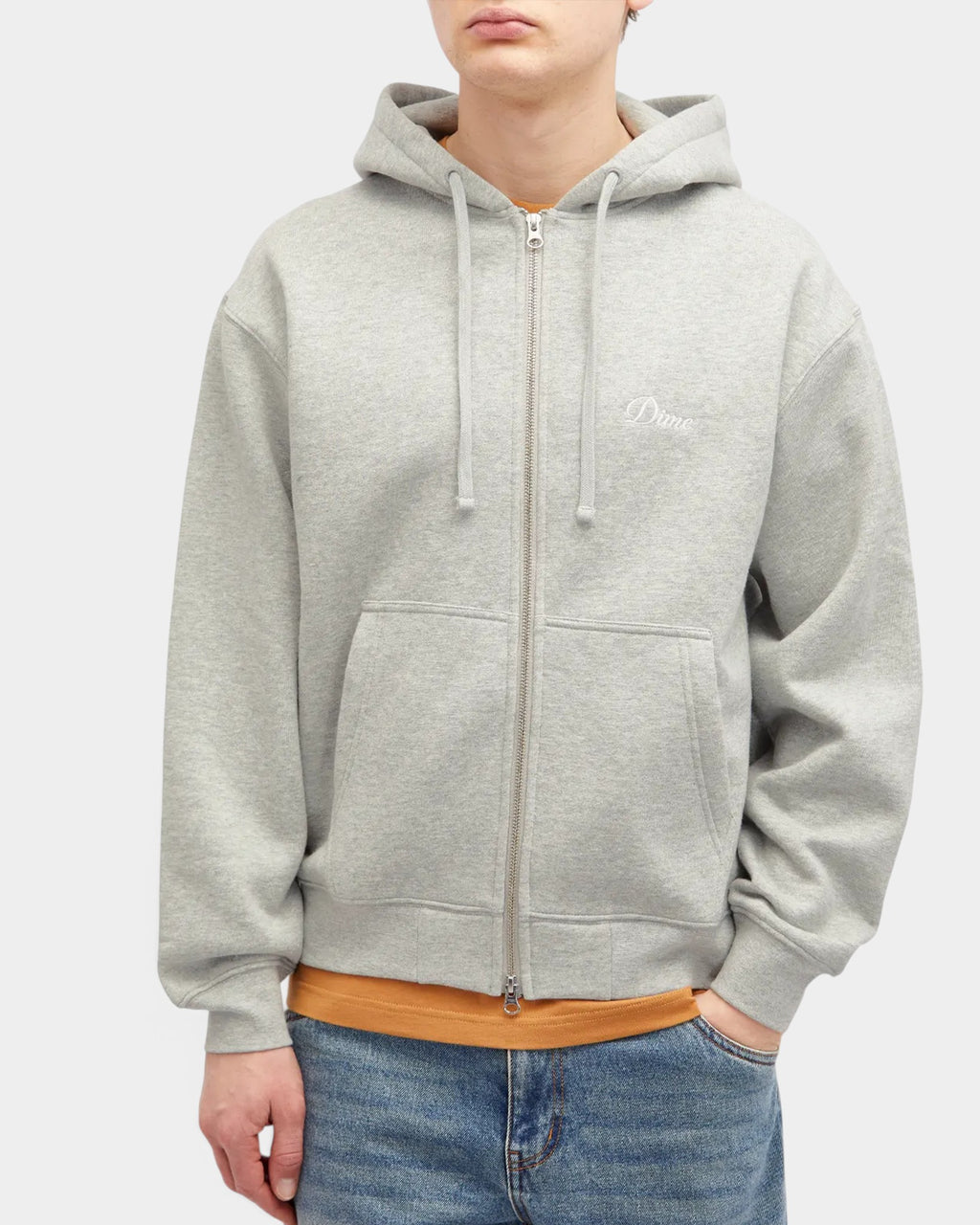 Lockwood Avenue heather gray Dime zip-up hoodie with embroidered cursive logo and two-way front zipper