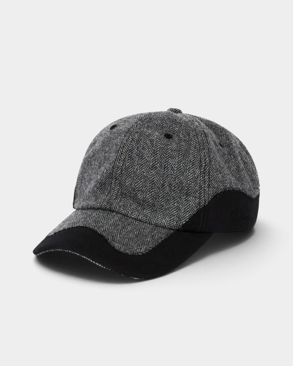 Lockwood Avenue Dime Heritage Low Pro cap in gray herringbone wool-blend with a black pre-bent peak and side logo.