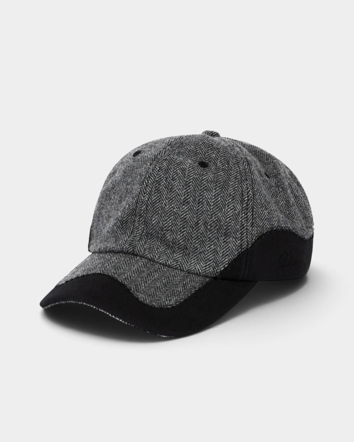 Lockwood Avenue Dime Heritage Low Pro cap in gray herringbone wool-blend with a black pre-bent peak and side logo.