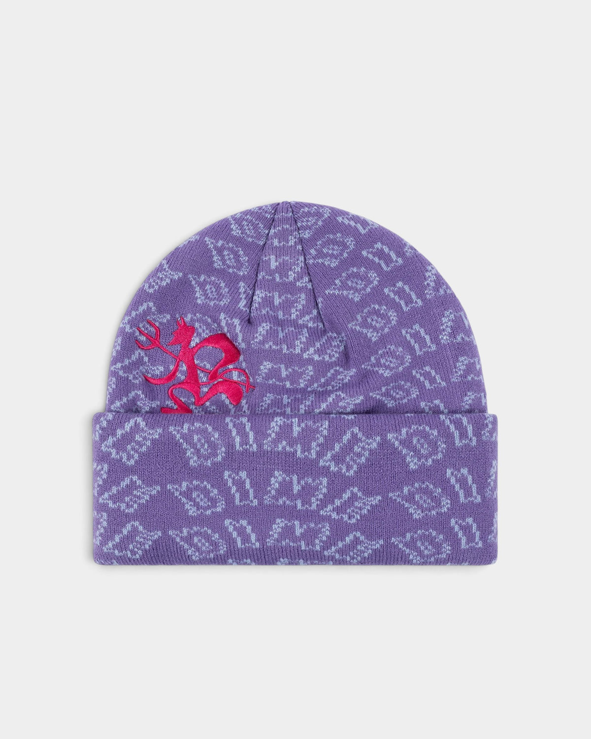 Lockwood Avenue Dime Chopper fold beanie in lavender acrylic knit with jacquard pattern and red embroidered logo.