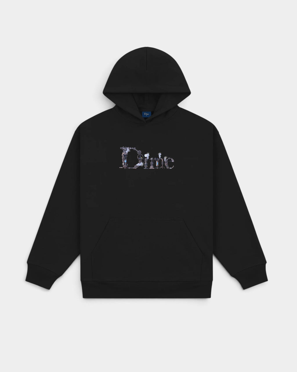 Lockwood Avenue Dime black heavyweight cotton fleece hoodie with steampunk machinery logo graphic on chest