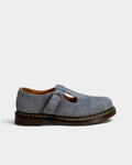 Lockwood Avenue Dr. Martens blue long napped suede T-bar Mary Jane shoes with yellow welt stitching and DMS sole.