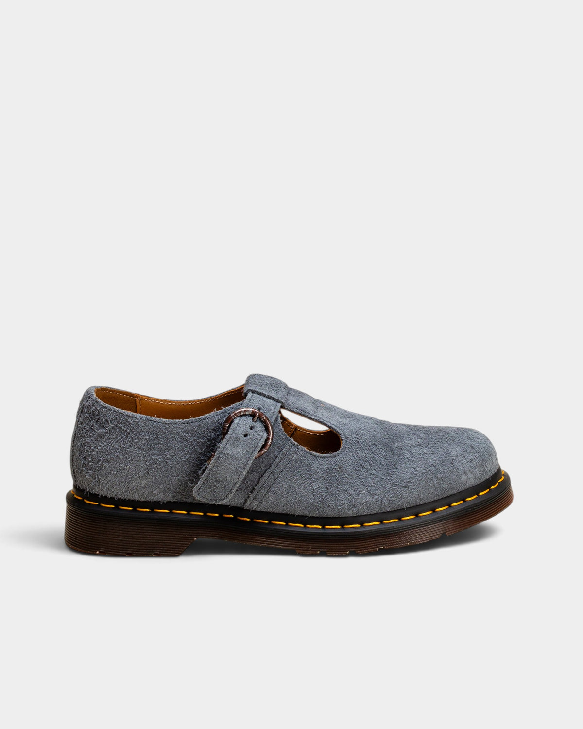 Lockwood Avenue Dr. Martens blue long napped suede T-bar Mary Jane shoes with yellow welt stitching and DMS sole.