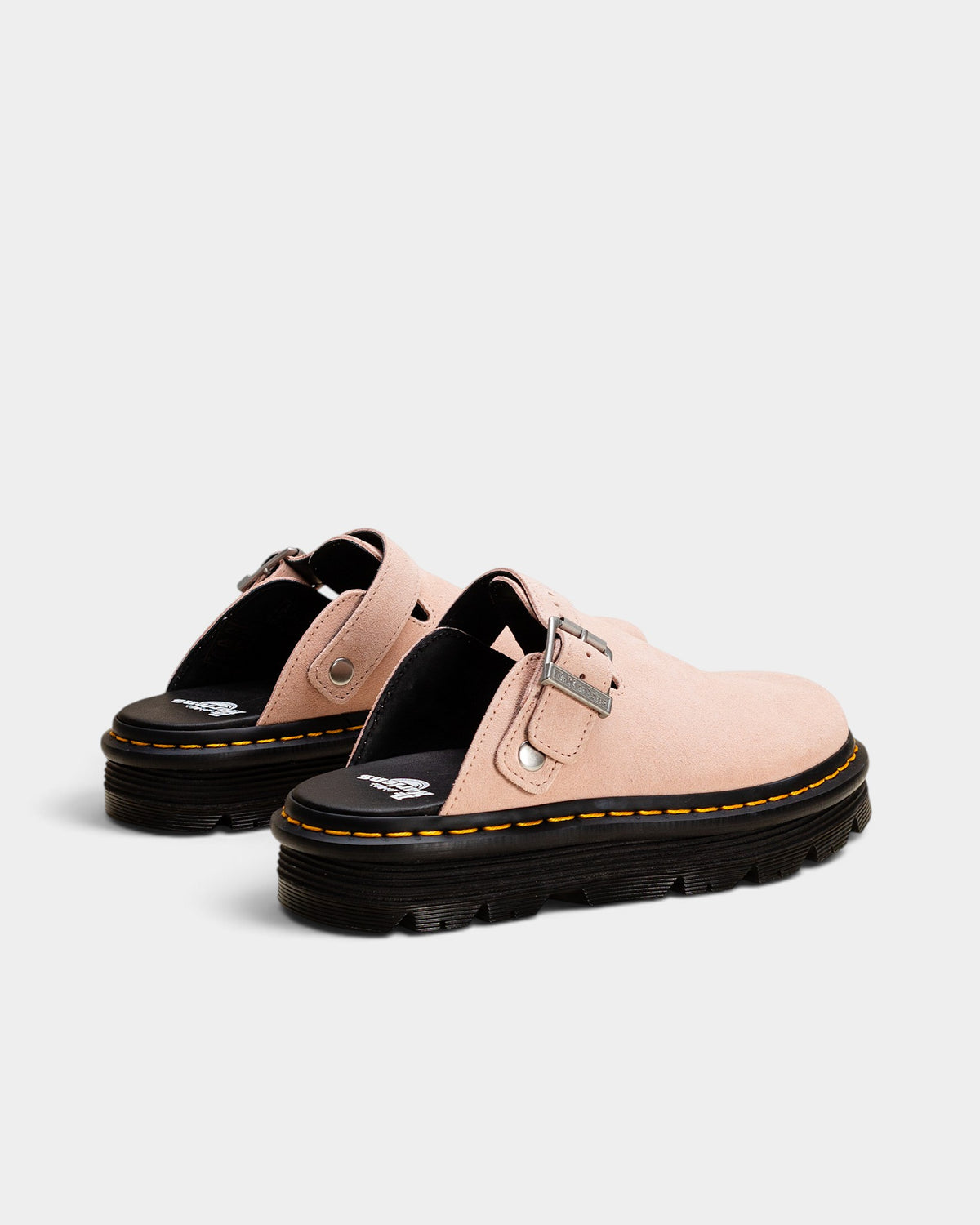 Lockwood Avenue Dr. Martens ZebZag powder pink suede platform mule with adjustable slingback strap and yellow stitching