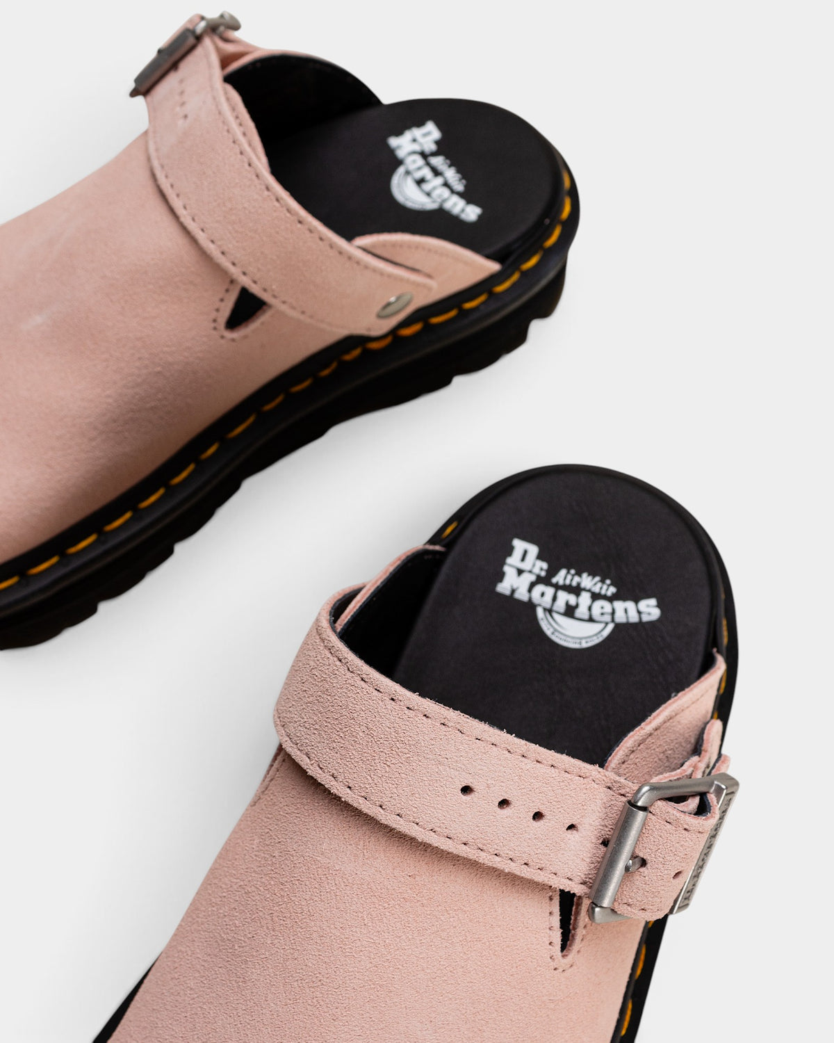 Lockwood Avenue Dr. Martens ZebZag powder pink suede mule shoes with adjustable slingback strap and platform sole.