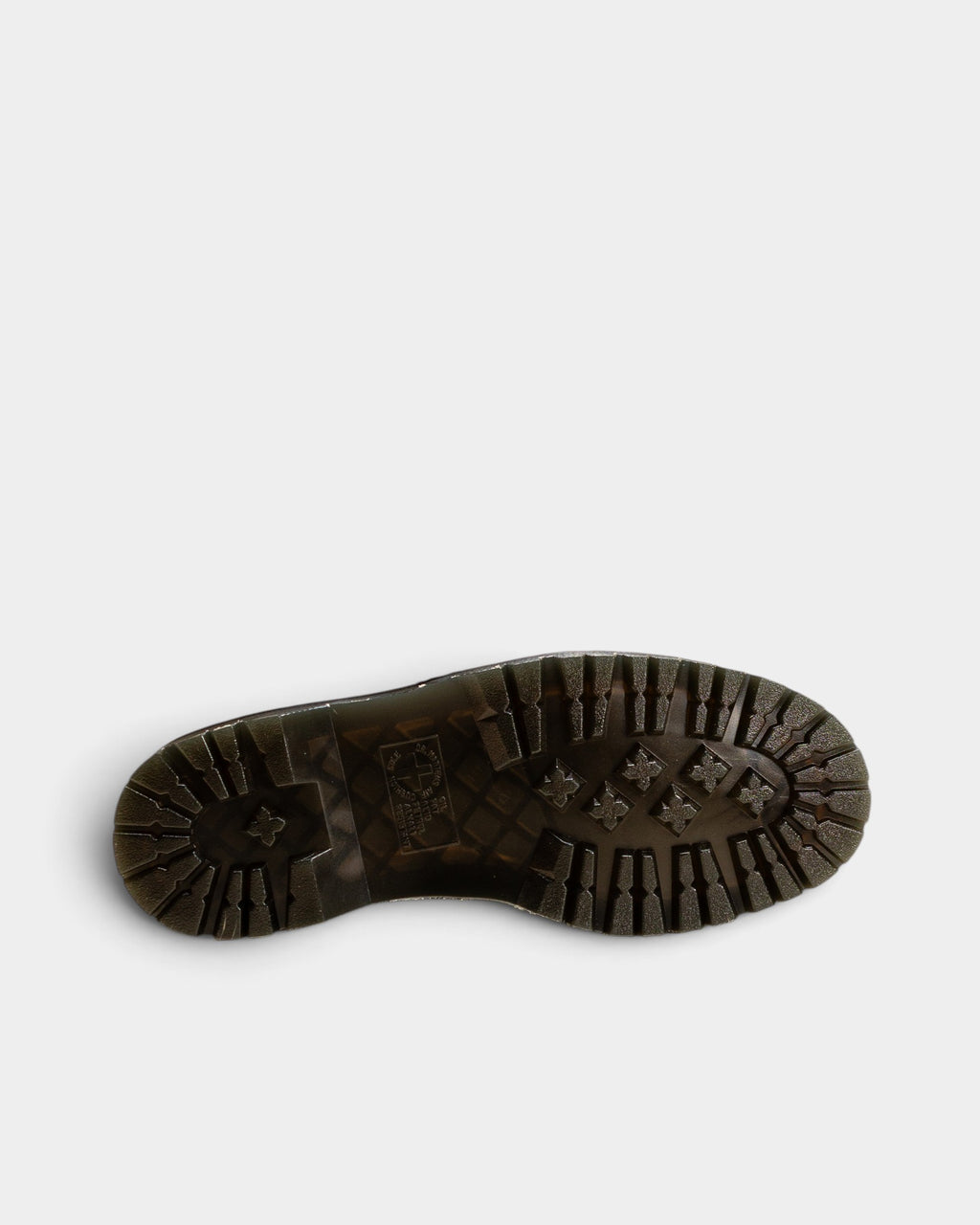 Lockwood Avenue Dr. Martens Ramsey monk shoe showing the black cleated rubber sole with deep tread and branding