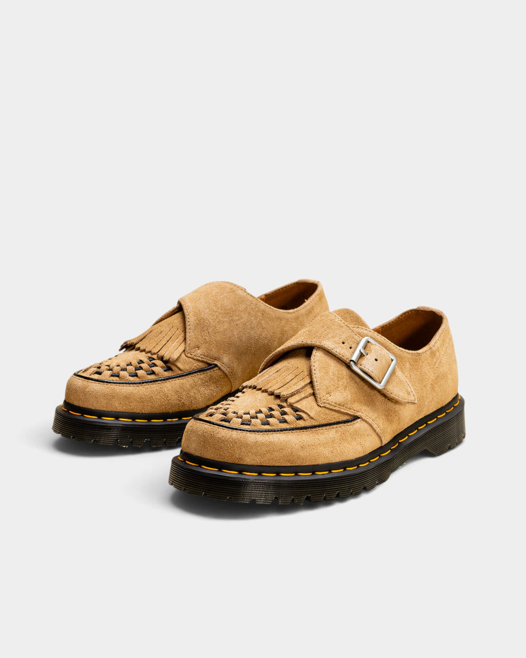 Lockwood Avenue Dr. Martens Ramsey monk-strap creeper shoes in Savannah Tan Desert Oasis suede with kiltie detail.
