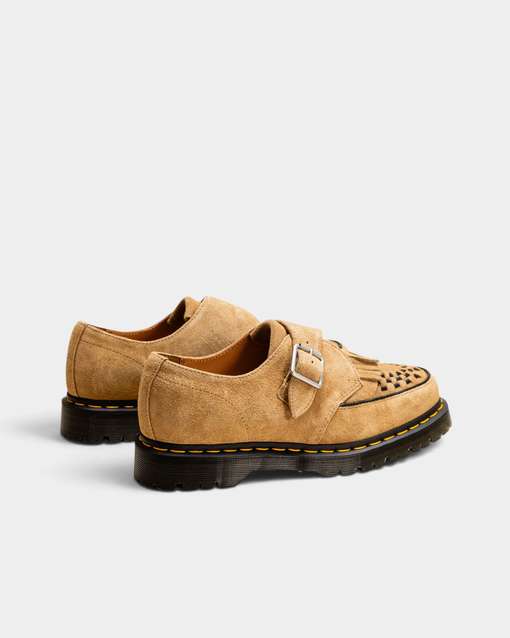 Lockwood Avenue Dr. Martens Ramsey monk-strap creeper shoes in Savannah Tan suede with silver buckle and kiltie detail
