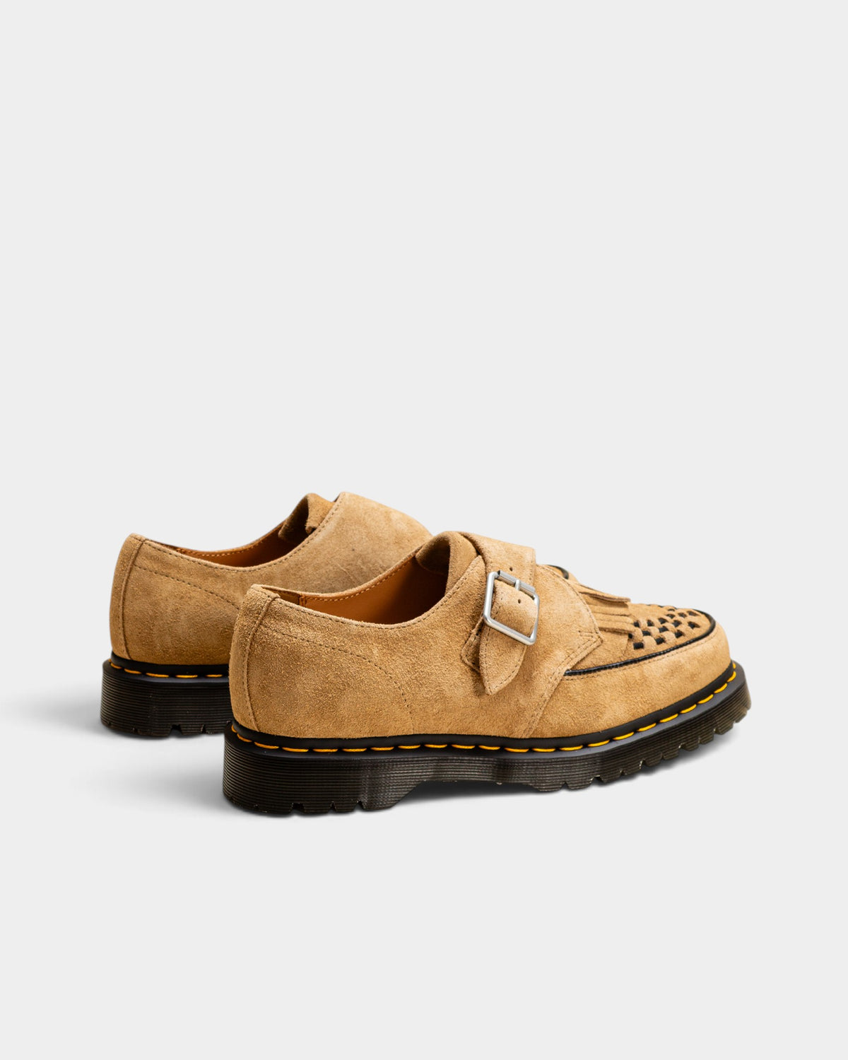 Lockwood Avenue Dr. Martens Ramsey monk-strap creeper shoes in Savannah Tan suede with silver buckle and kiltie detail