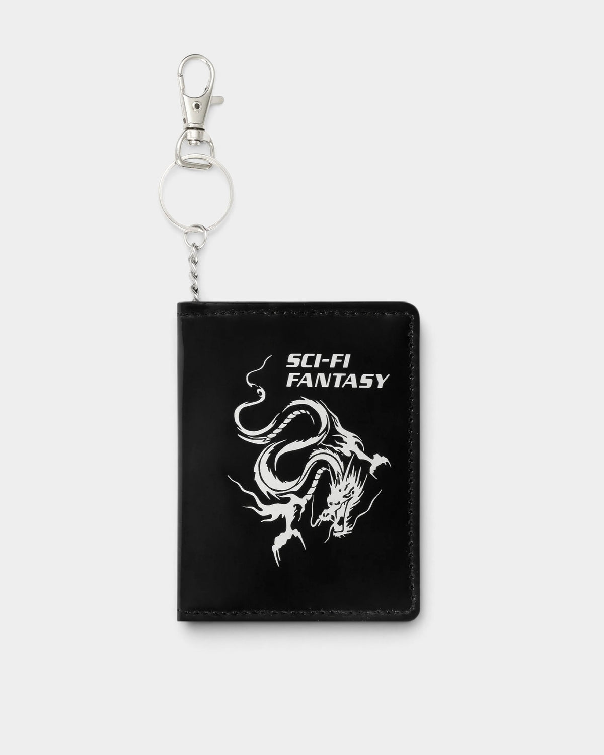 Lockwood Avenue Sci-Fi Fantasy black patent leather bi-fold wallet with white dragon print and attached chain