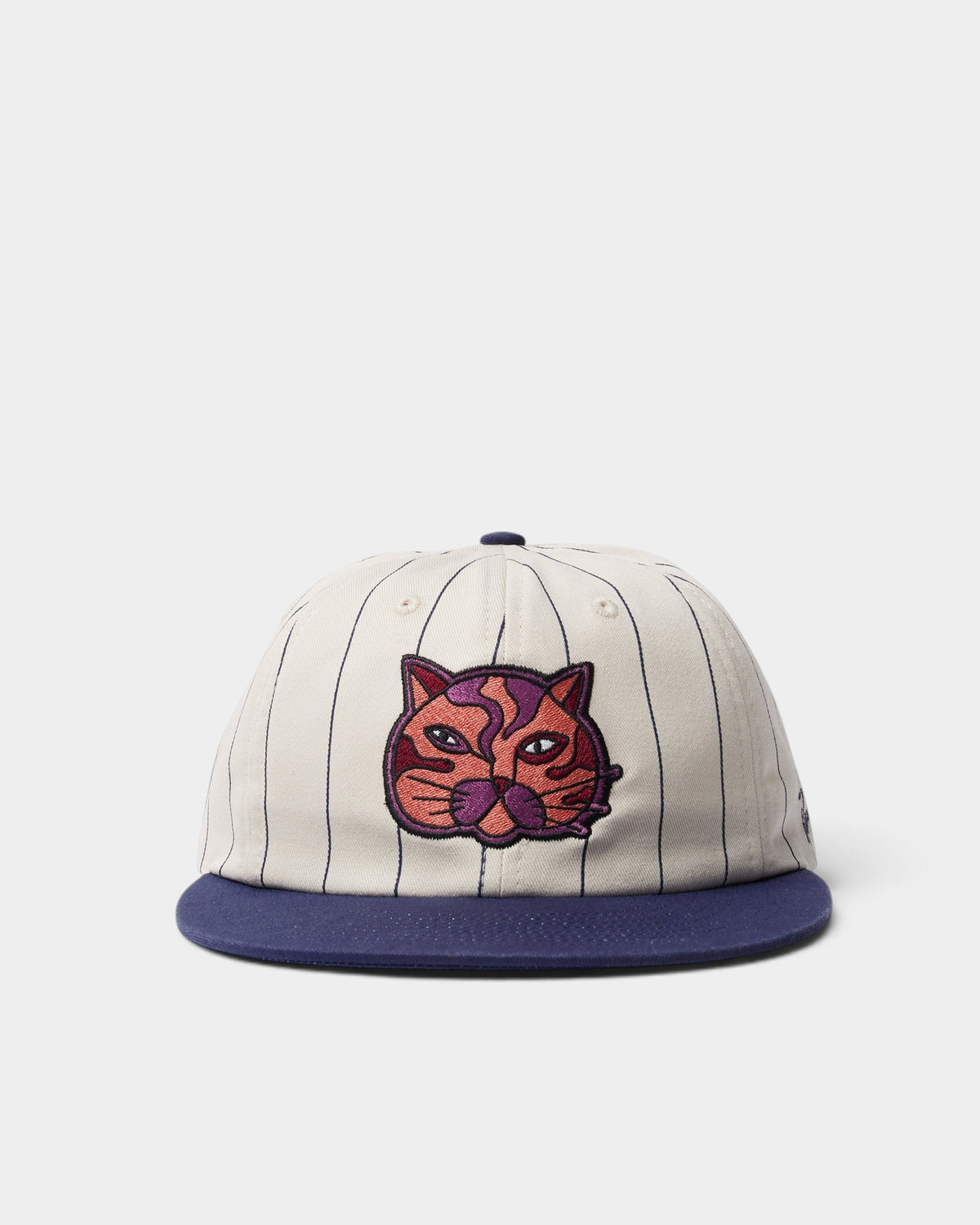 Lockwood Avenue by Parra Earl Face 6-panel hat in cream pin-striped twill with a purple flat brim and cat embroidery.
