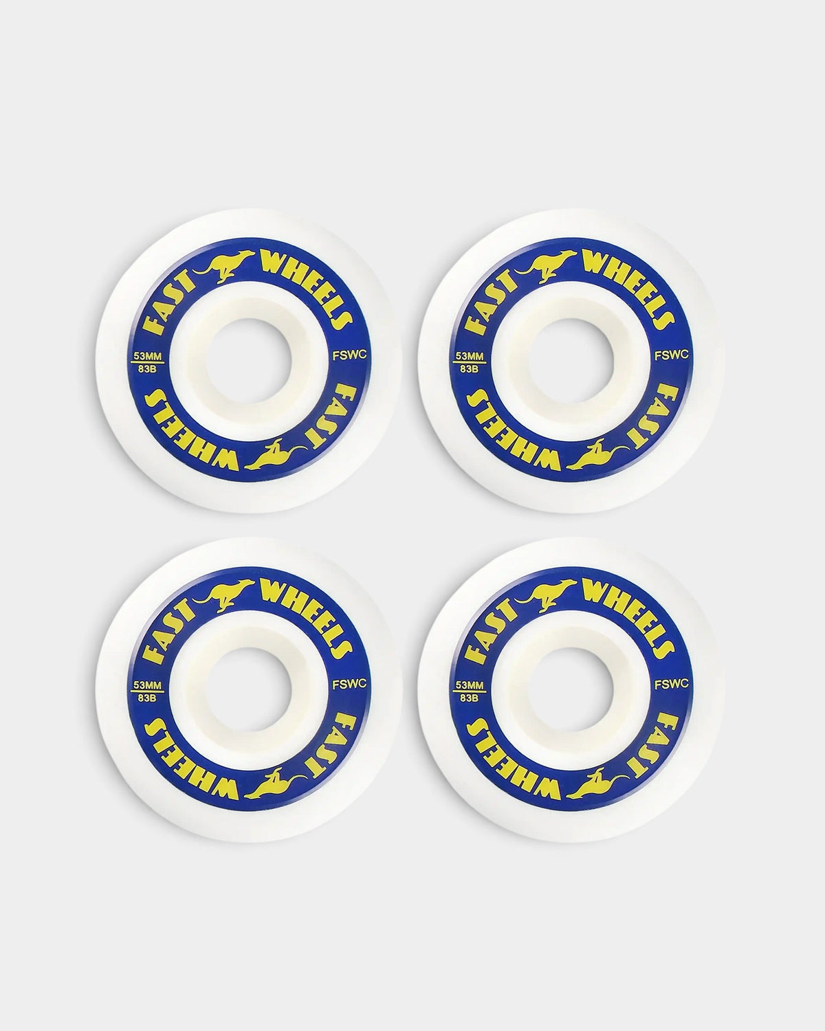 Lockwood Avenue Fast FSWC Classic 53mm white skateboard wheels with blue and yellow branding