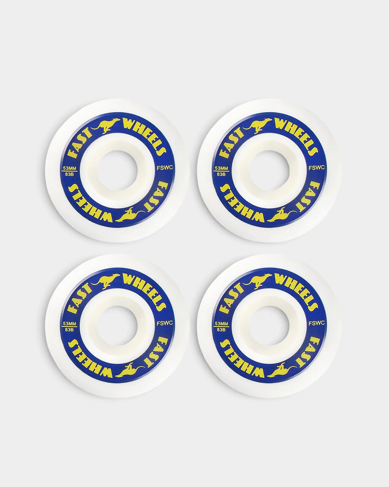 Lockwood Avenue Fast FSWC Classic 53mm white skateboard wheels with blue and yellow branding