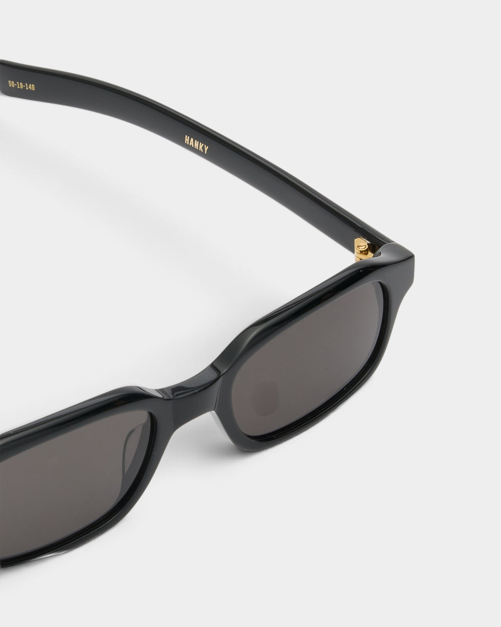 Lockwood Avenue Flatlist Hanky slim rectangular black acetate sunglasses with Carl Zeiss lenses and gold hinge detail