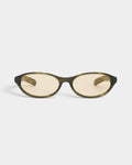 Lockwood Avenue Flatlist Olympia sunglasses featuring olive horn Italian acetate frames and yellow Carl Zeiss lenses.