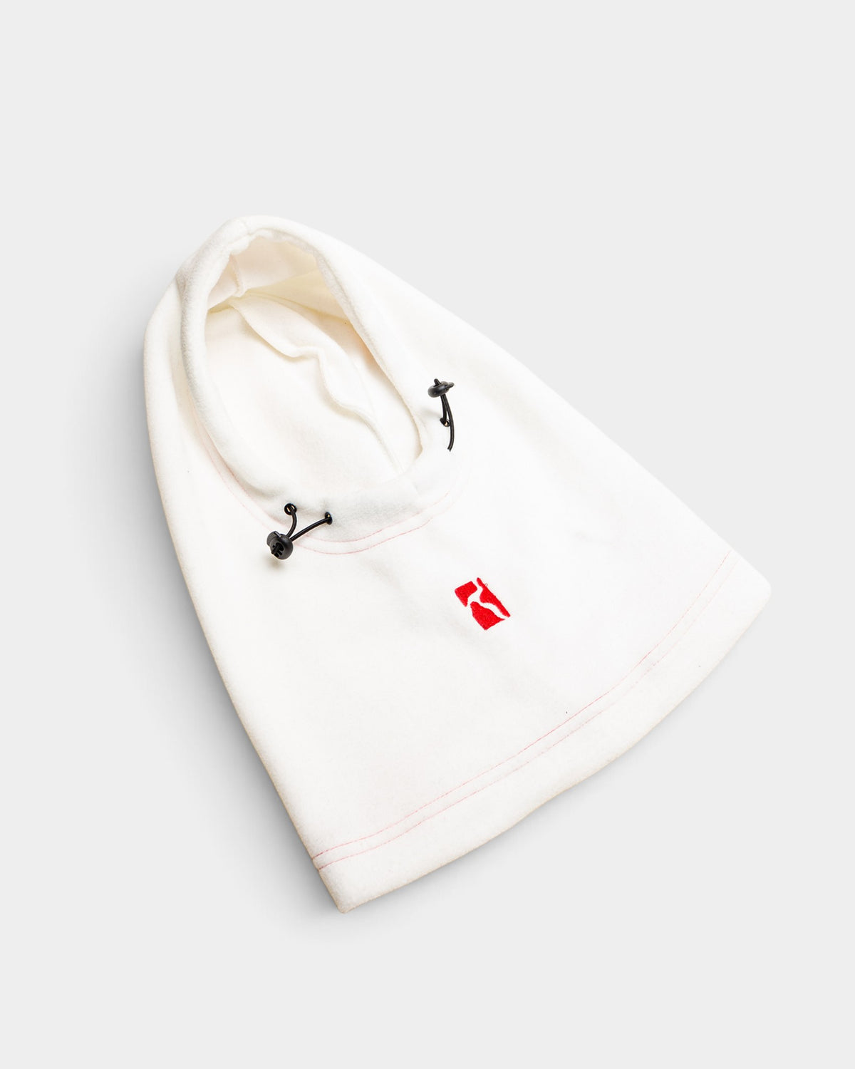 Lockwood Avenue Poetic Collective off-white fleece balaclava with red embroidered logo and adjustable drawstring