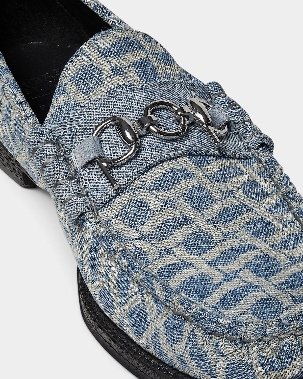 Lockwood Avenue G.H. Bass x Pop Easy Weejuns Lincoln loafers in light blue denim with laser print and silver horsebit.