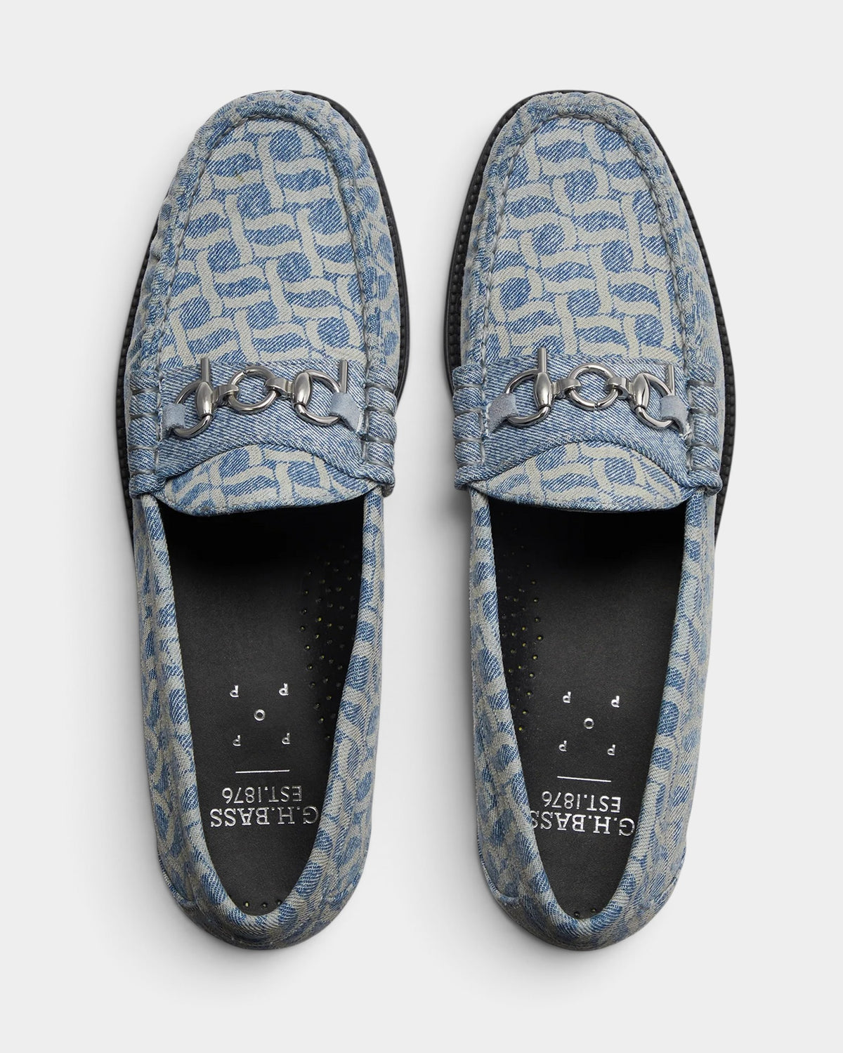 Lockwood Avenue G.H. Bass x Pop Easy Weejuns Lincoln loafers in light blue denim with laser print and silver horsebit.