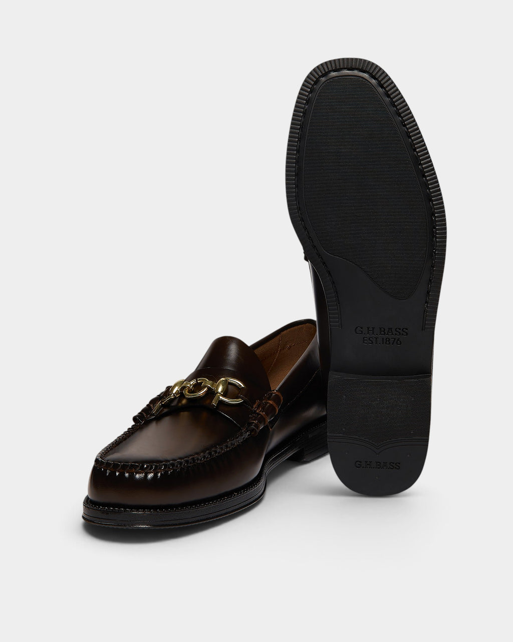 Lockwood Avenue G.H. Bass x Pop Easy Weejuns Lincoln chocolate leather loafers with gold horsebit and rubber sole