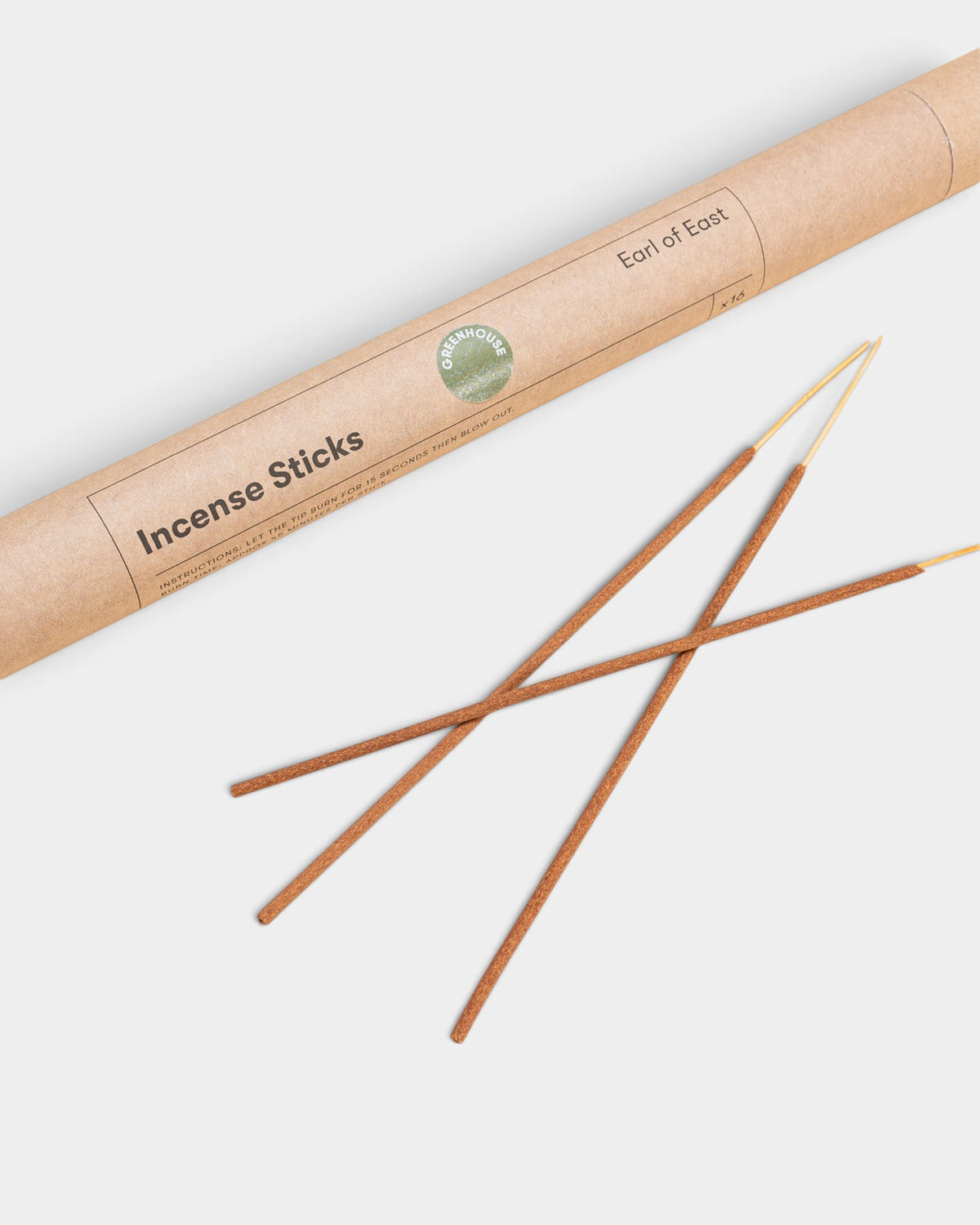 Lockwood Avenue Earl of East Greenhouse incense sticks with brown cardboard tube packaging and hand-rolled sticks.