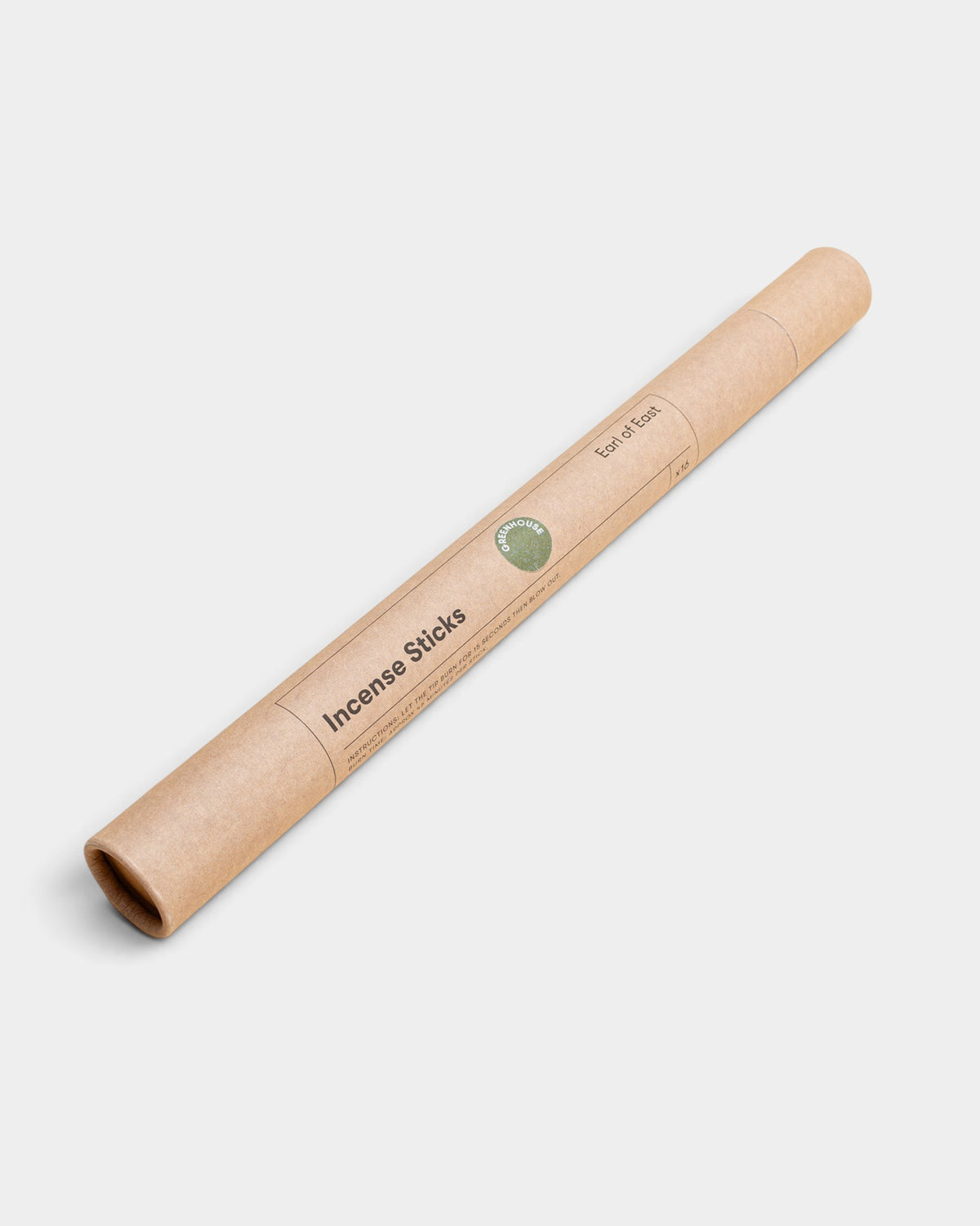 Lockwood Avenue Earl of East Greenhouse incense sticks in a cylindrical brown cardboard tube packaging.