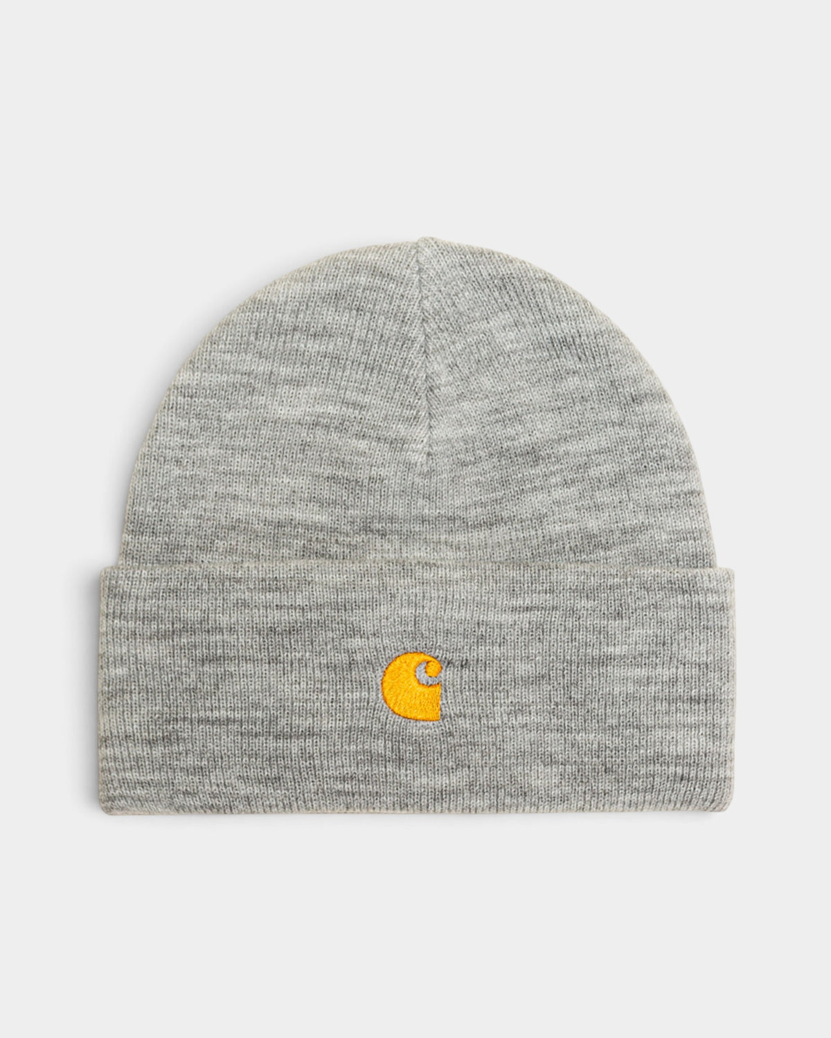 Lockwood Avenue grey rib knit Carhartt Chase Beanie with gold embroidered C logo on the fold-up cuff