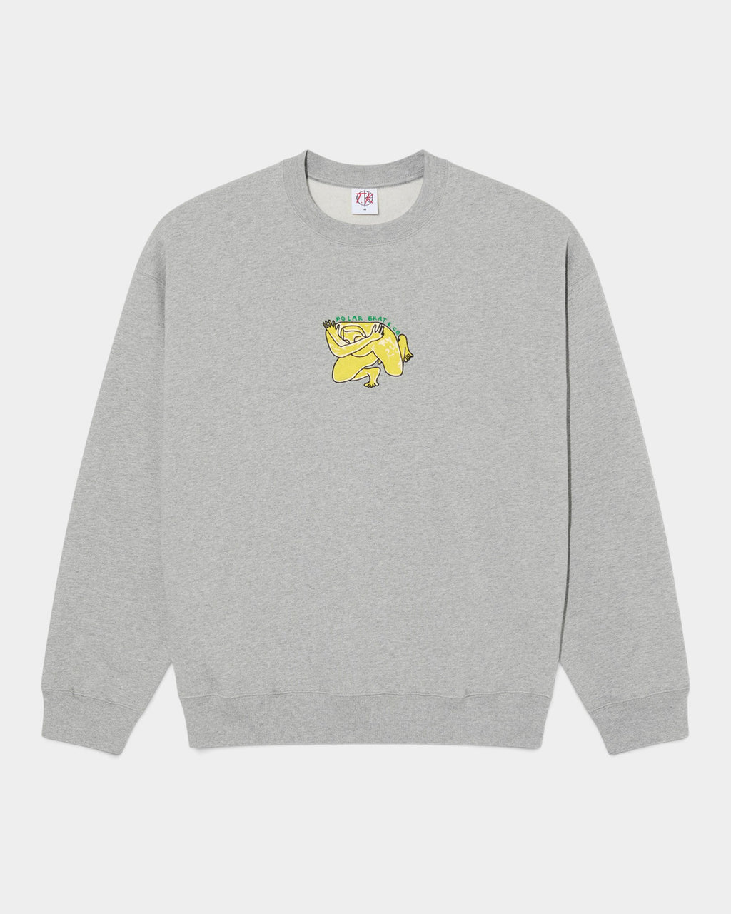 Lockwood Avenue grey cotton fleece crewneck sweatshirt featuring an embroidered yellow Shy Bow graphic by Tynan Kerr.