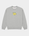 Lockwood Avenue grey cotton fleece crewneck sweatshirt featuring an embroidered yellow Shy Bow graphic by Tynan Kerr.