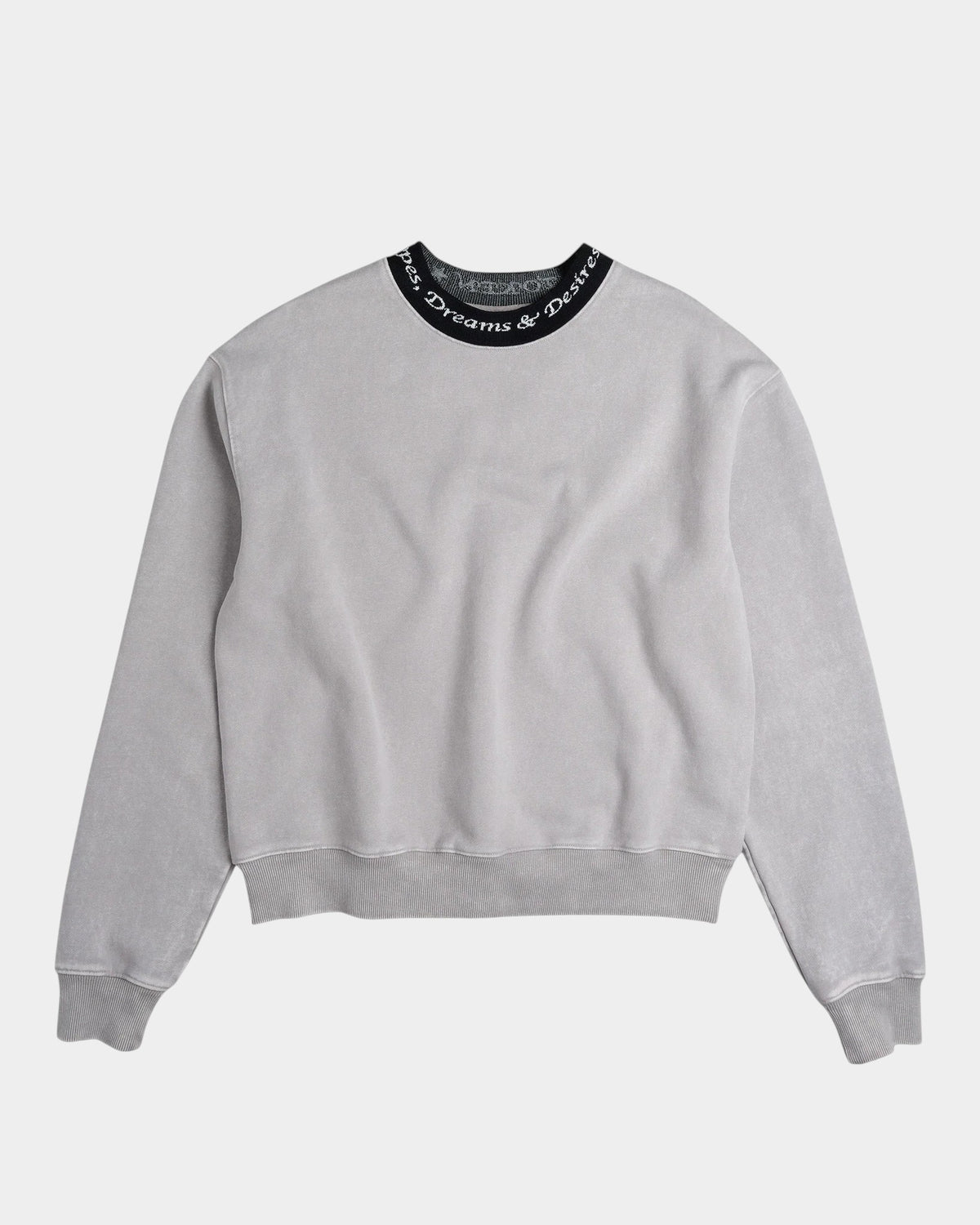 Lockwood Avenue grey crewneck sweatshirt in 420 gsm cotton terry with a black Jacquard knitted logo neck trim.