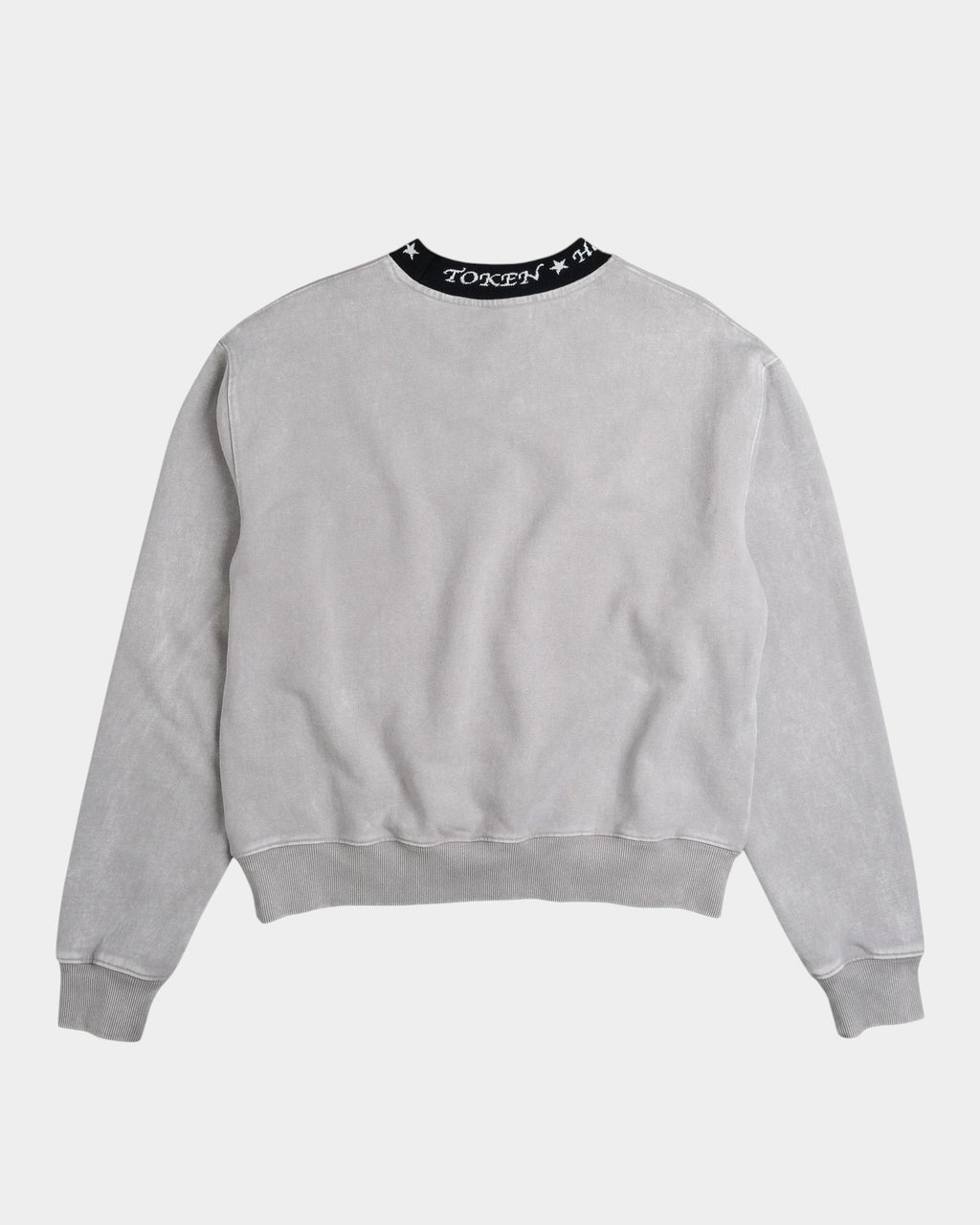 Lockwood Avenue grey crewneck sweatshirt with snowflake wash and black Jacquard knitted neck trim, back view