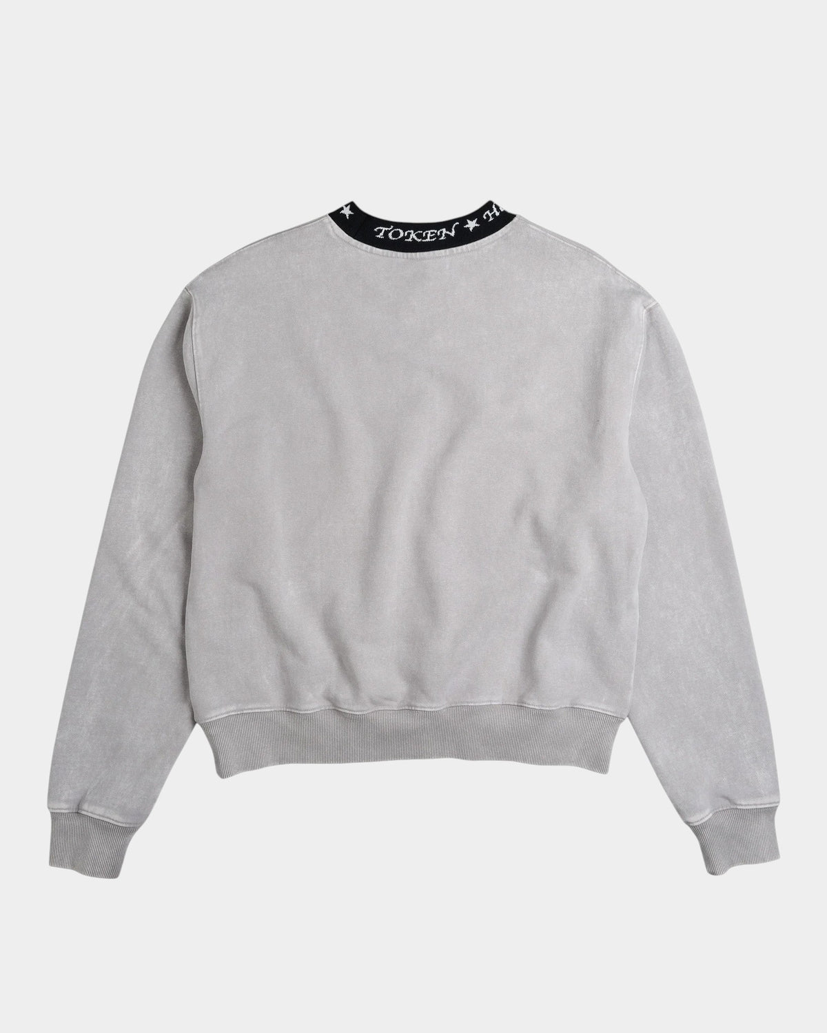 Lockwood Avenue grey crewneck sweatshirt with snowflake wash and black Jacquard knitted neck trim, back view