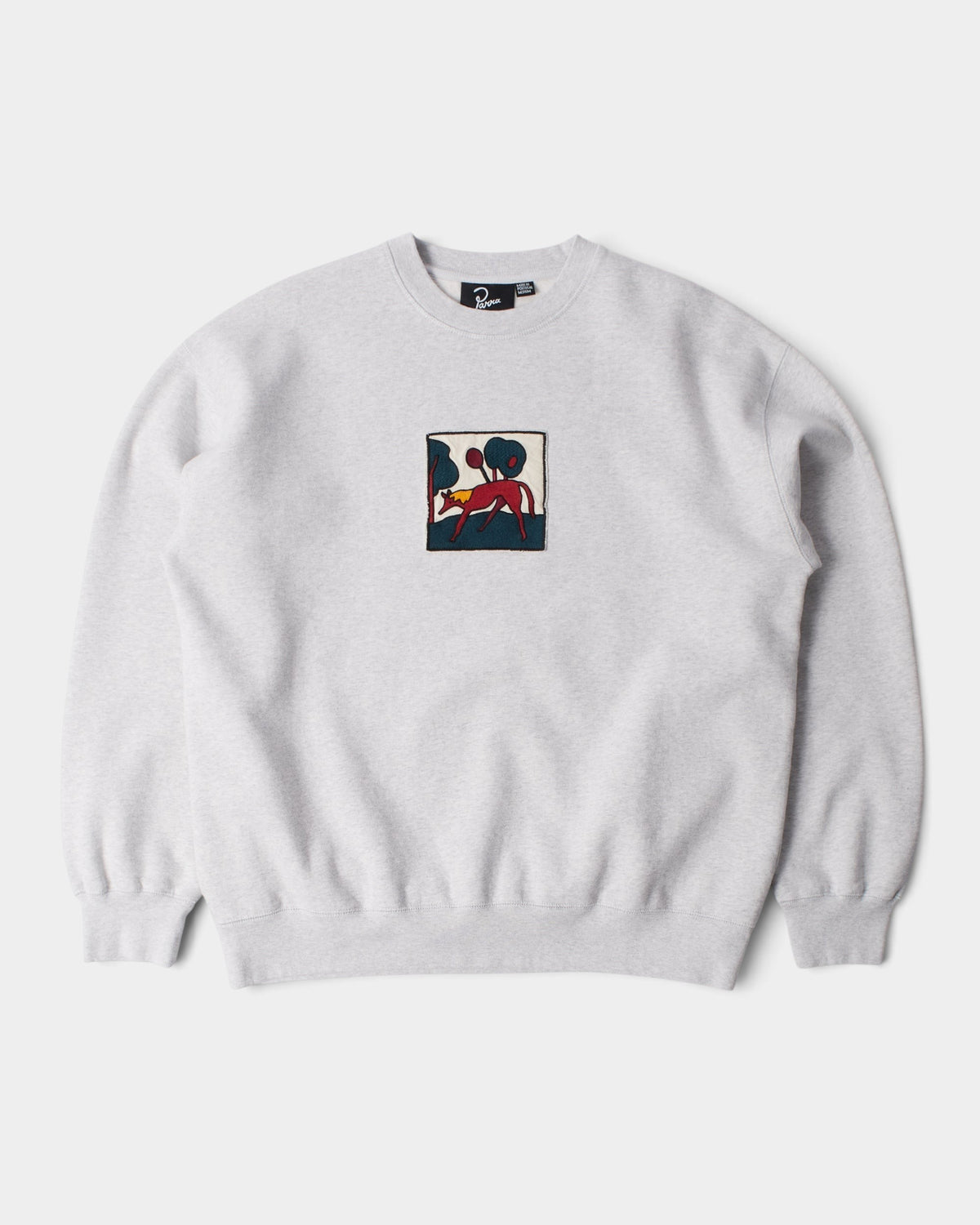 Lockwood Avenue by Parra grey crewneck sweatshirt with raw-edged Long Lost Leg chest embroidery in a relaxed fit.