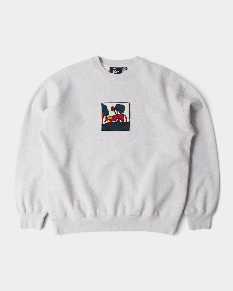 Lockwood Avenue by Parra grey crewneck sweatshirt with raw-edged Long Lost Leg chest embroidery in a relaxed fit.