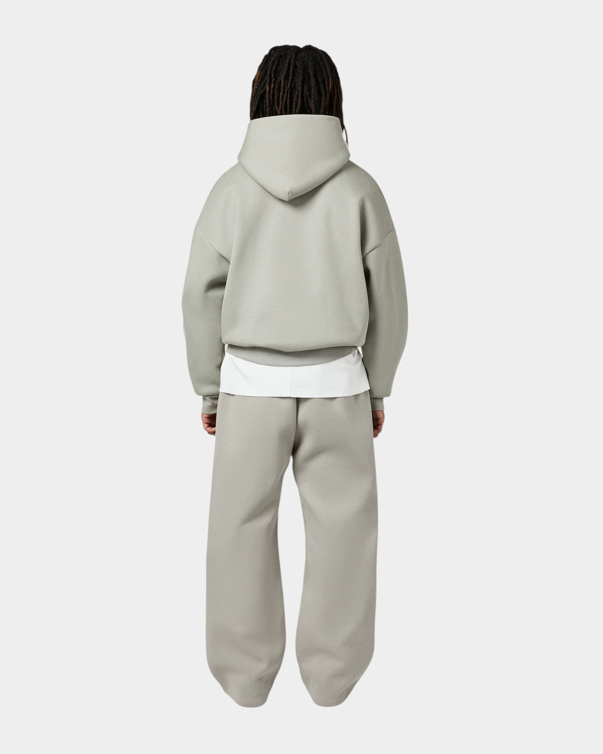 Lockwood Avenue Seventh V2 Stacks grey French Terry cotton pants worn with a matching hoodie, back view