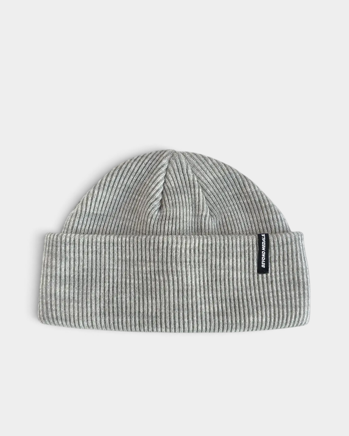 Lockwood Avenue Beyond Medals grey melange rib knit beanie with a short fit and woven logo tab on the folded cuff.